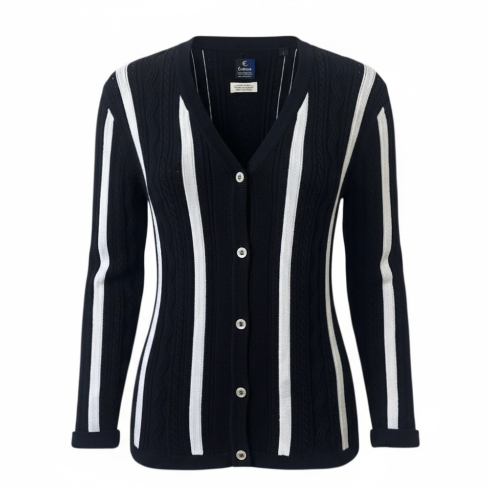 Callaway Black and White Stripe Long Sleeve Cable Knit Cardigan Size Large